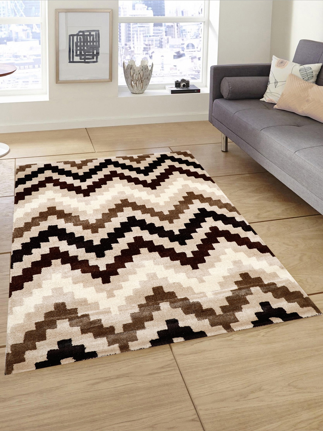 

PRESTO Brown & Beige Printed Hand Tufted Wool Anti-Skid Carpet