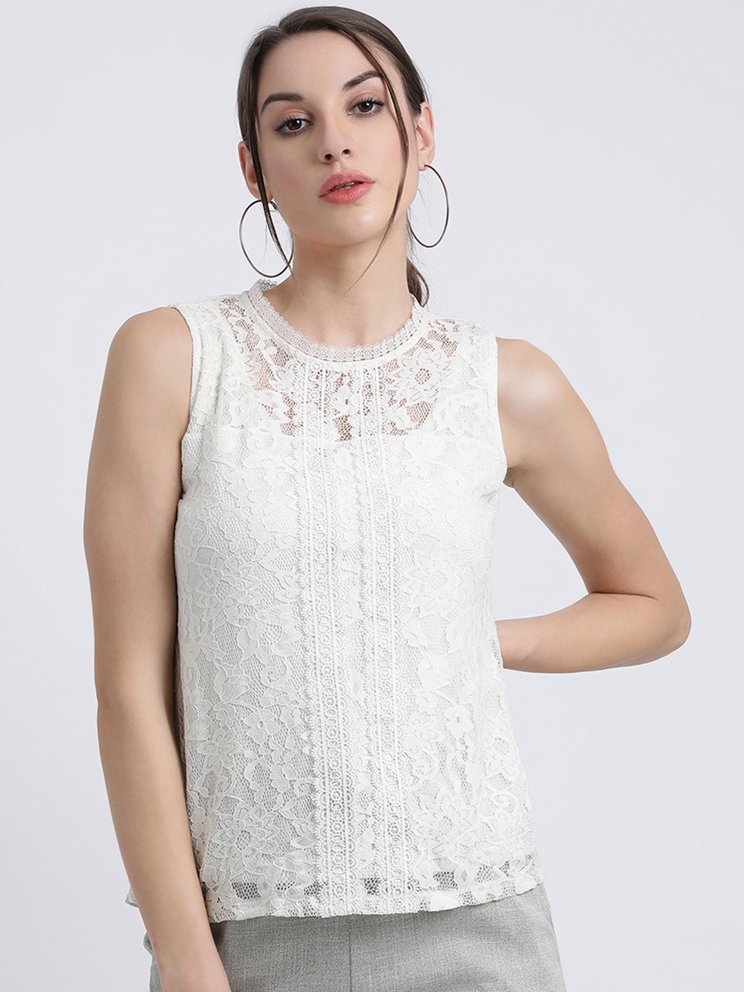 

Zink London Women White Self Design Knitted Top