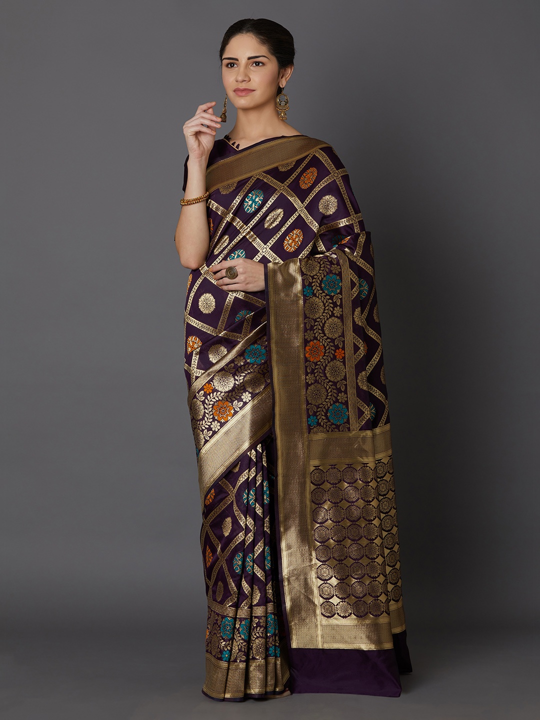 

Mitera Purple & Beige Silk Blend Woven Design Kanjeevaram Saree