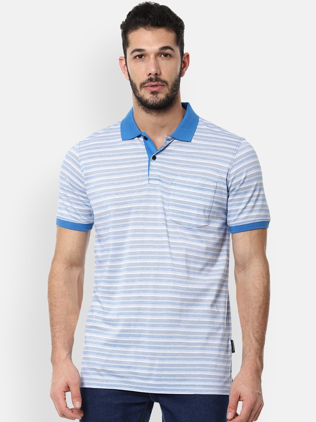 

Van Heusen Men Blue White Striped Polo Collar Pure Cotton T-shirt