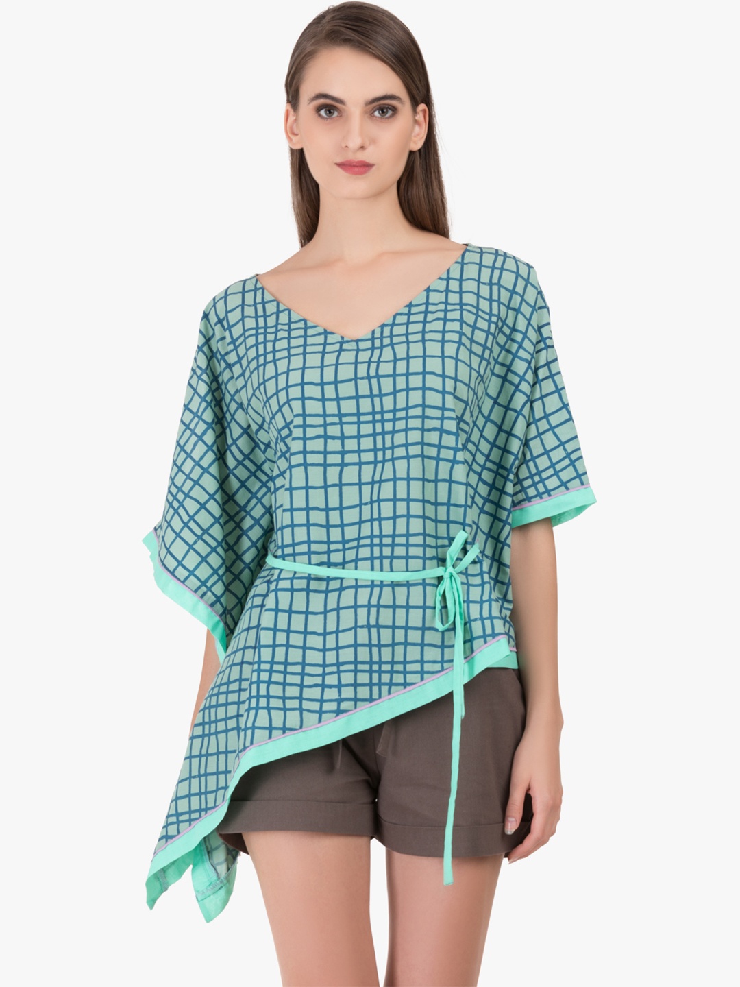 

GRASS by Gitika Goyal Women Green Checked Kaftan Pure Cotton Top