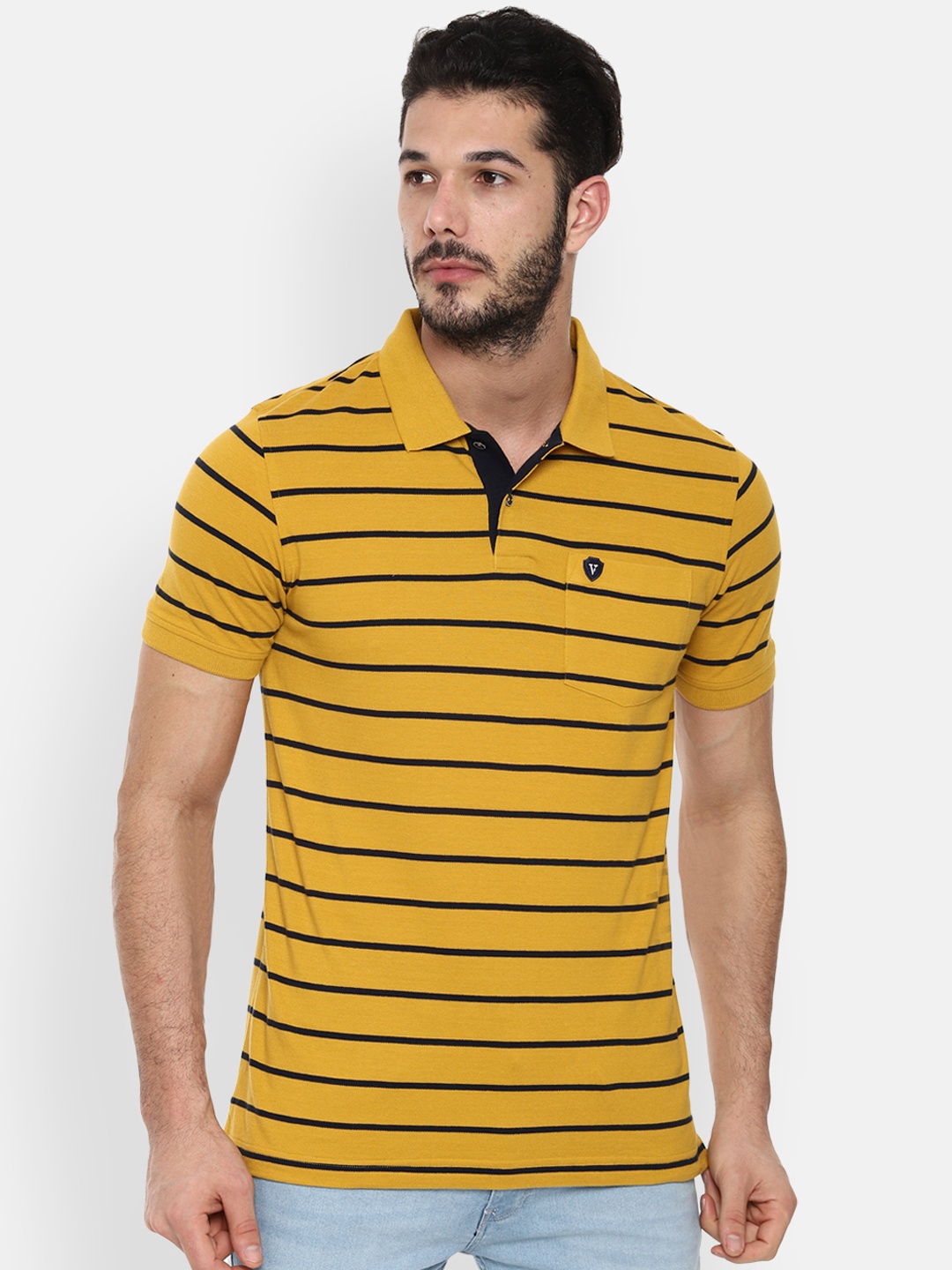 

Van Heusen Sport Men Yellow Black Striped Polo Collar Pure Cotton T-shirt