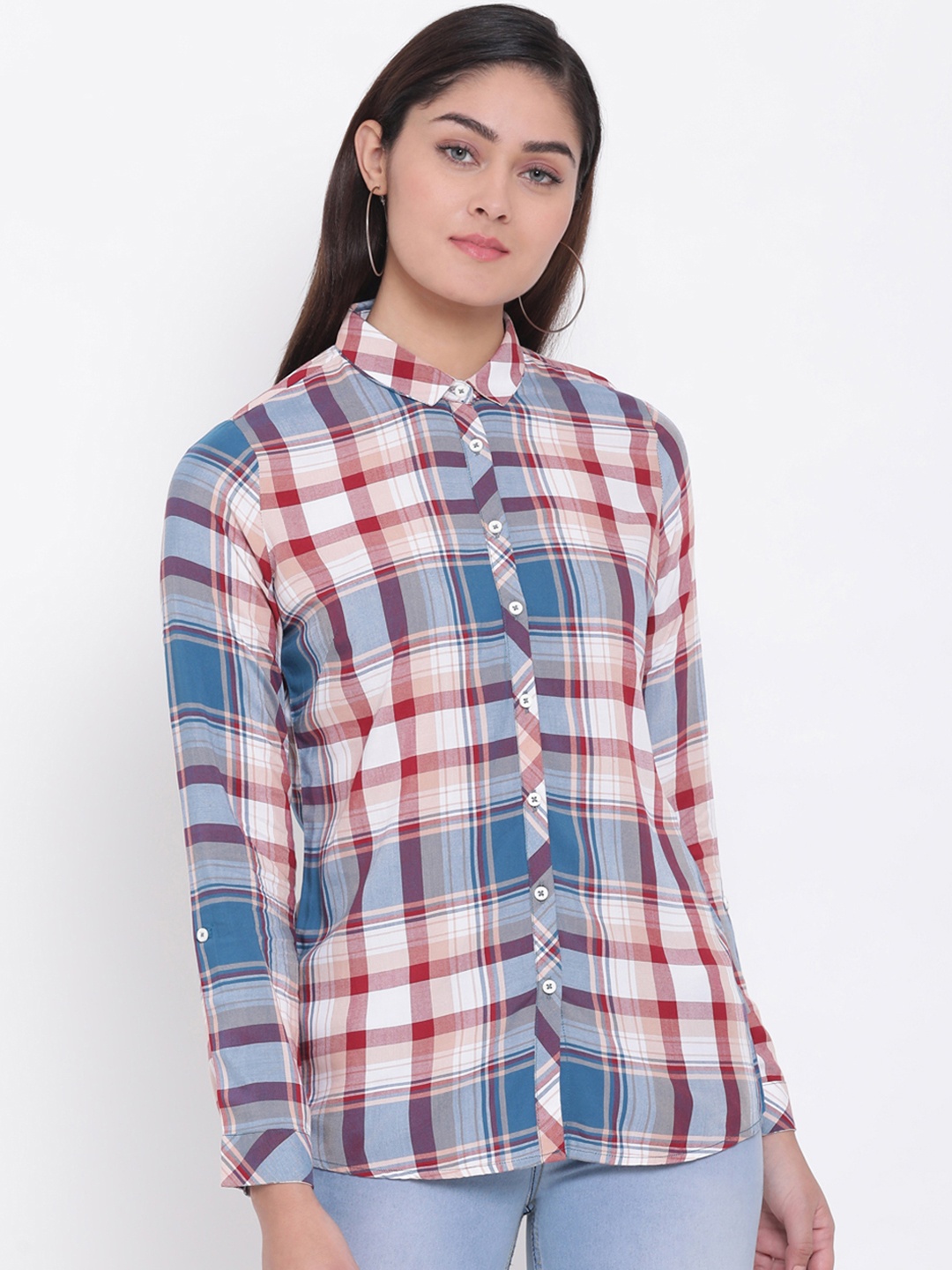 

Crimsoune Club Women Blue & Off-White Slim Fit Checked Casual Shirt
