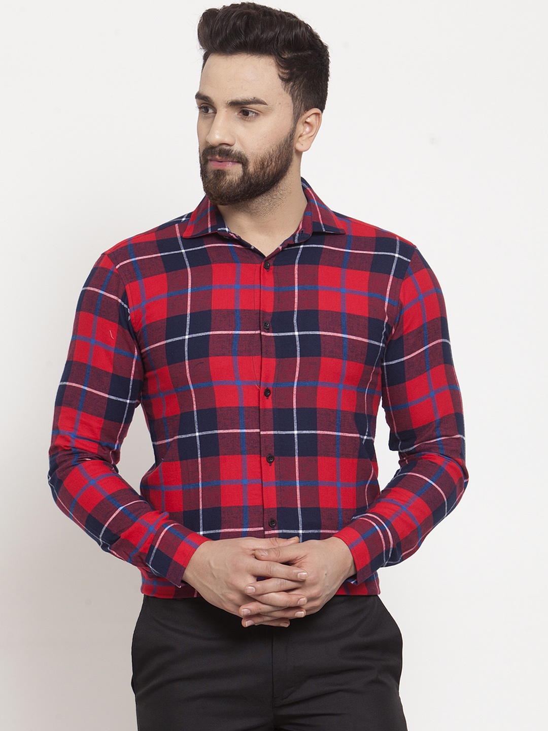 

Purple State Men Red & Navy Blue Slim Fit Checked Formal Shirt