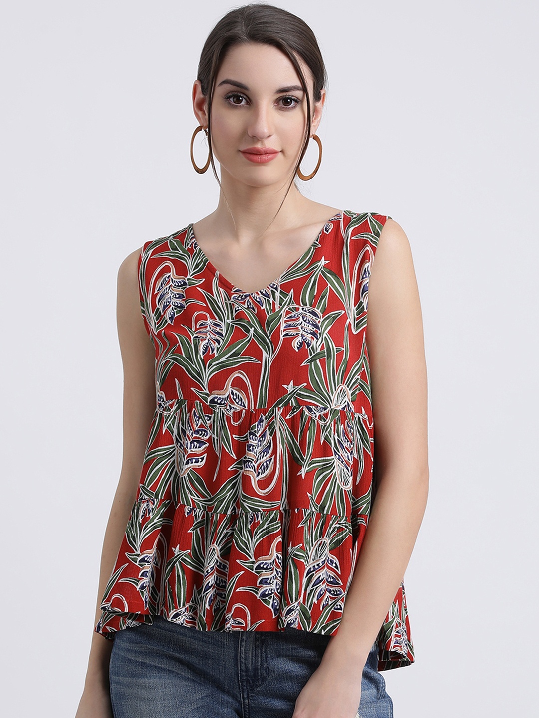 

Zink London Women Red Tropical Printed A-Line Top