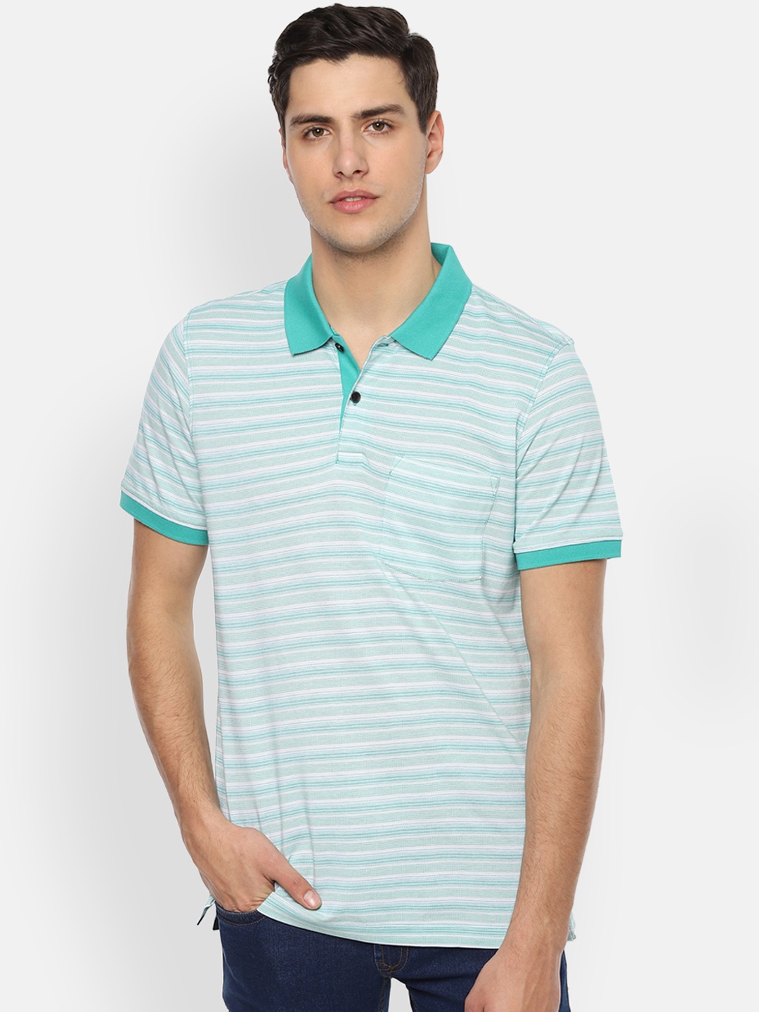 

Van Heusen Men Green White Striped Polo Collar Pure Cotton T-shirt