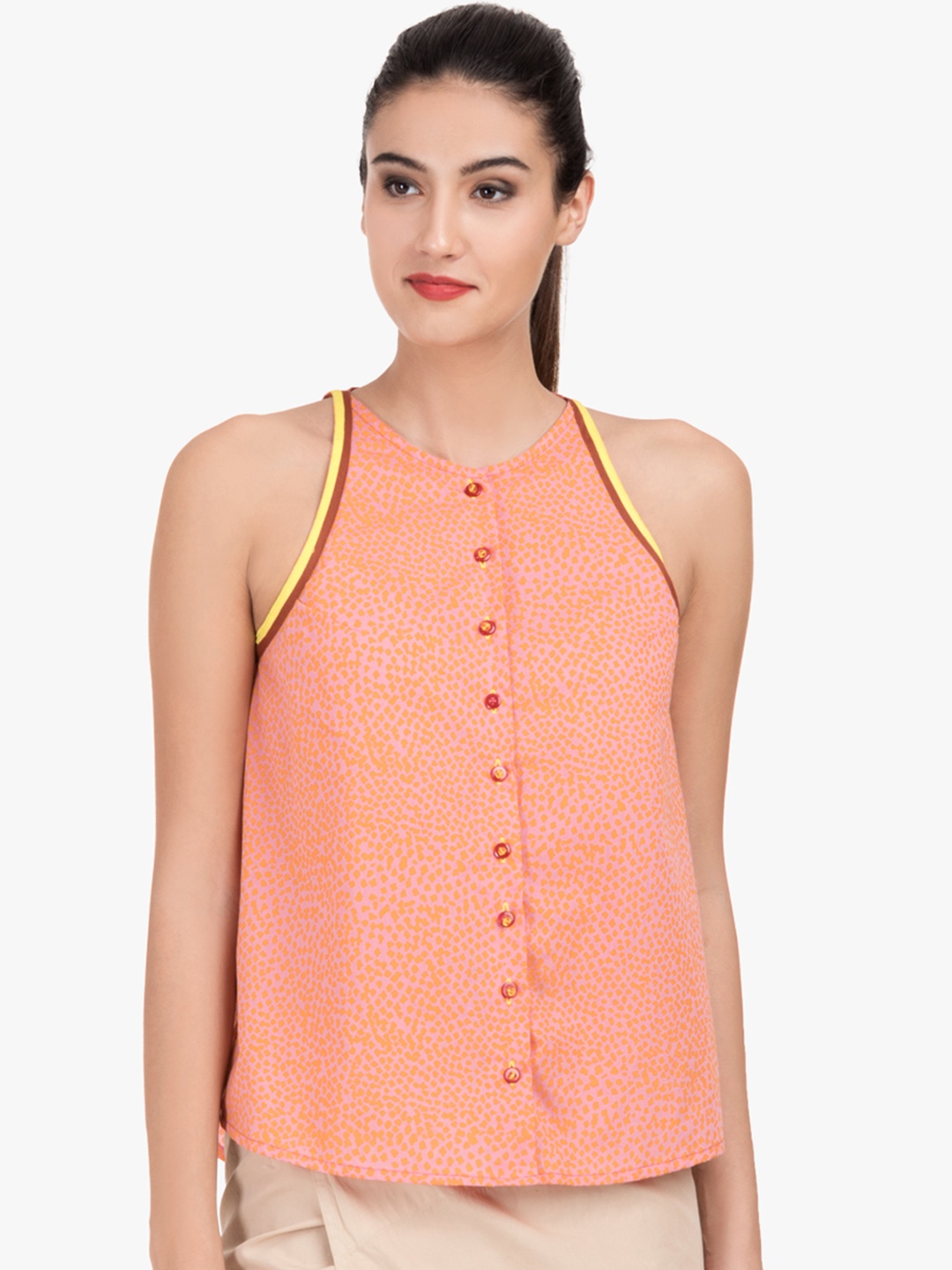 

GRASS by Gitika Goyal Women Peach-Coloured Printed Pure Cotton Top