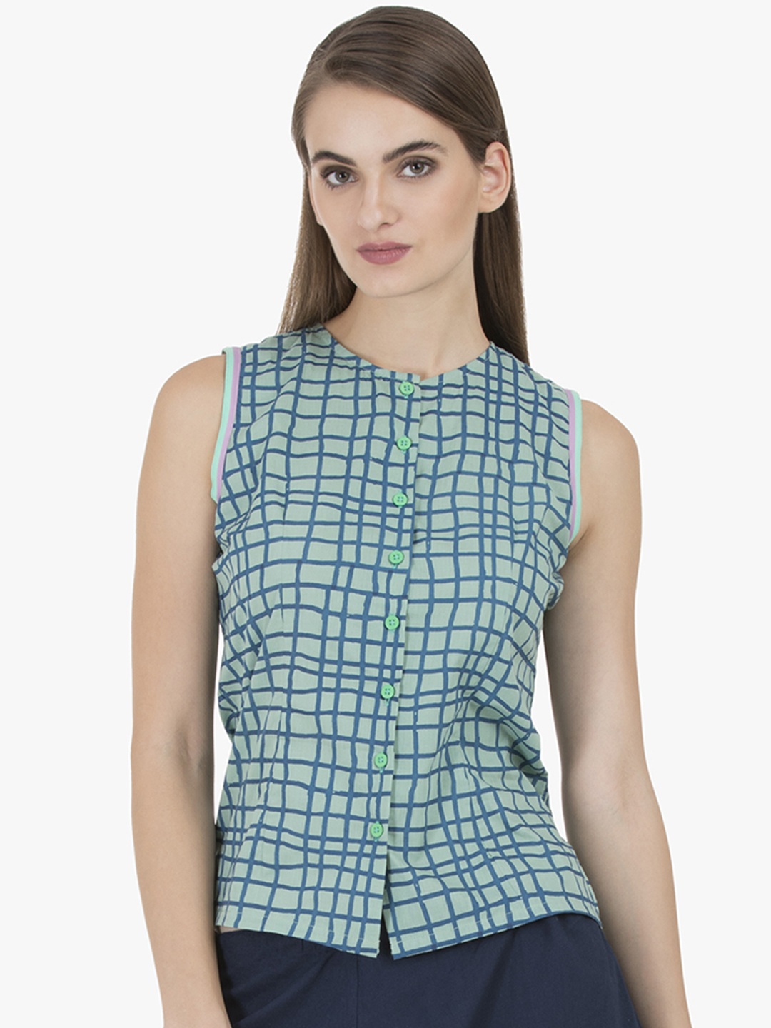 

GRASS by Gitika Goyal Women Green Checked Pure Cotton Top