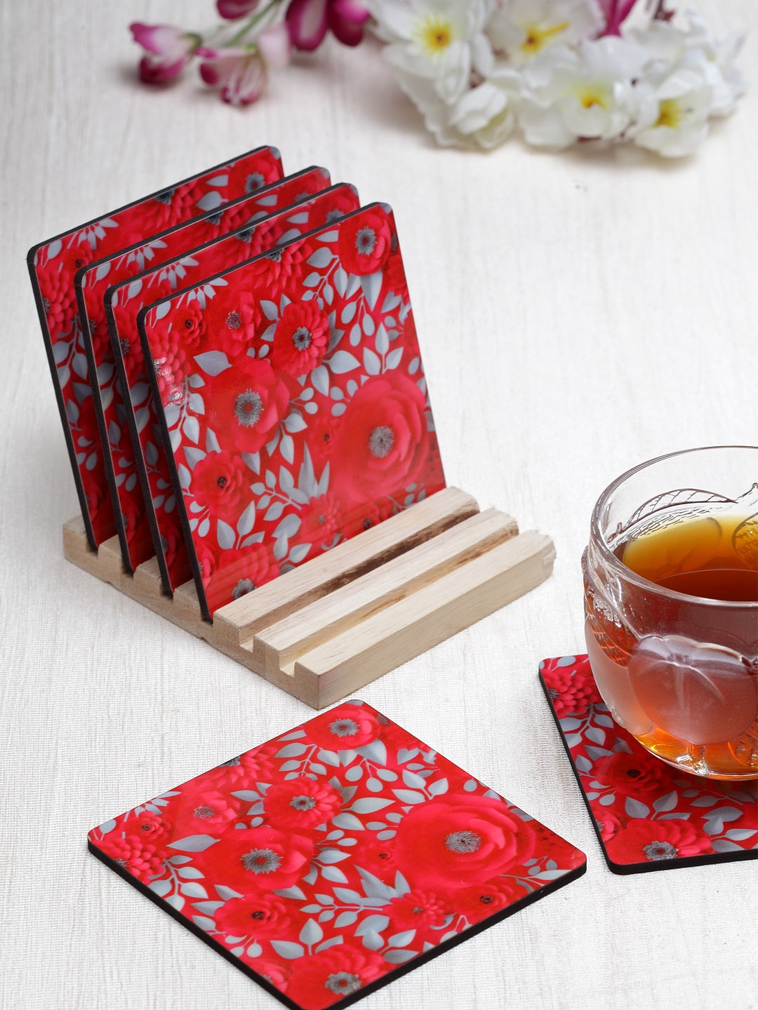 

Alina Decor Set of 6 Red & Grey Floral-Printed Coasters With Wooden Stand