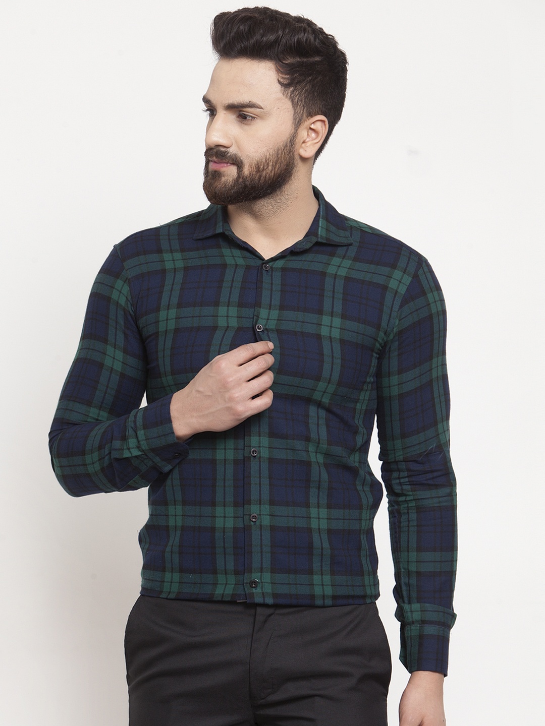 

Purple State Men Navy Blue & Green Slim Fit Checked Casual Shirt