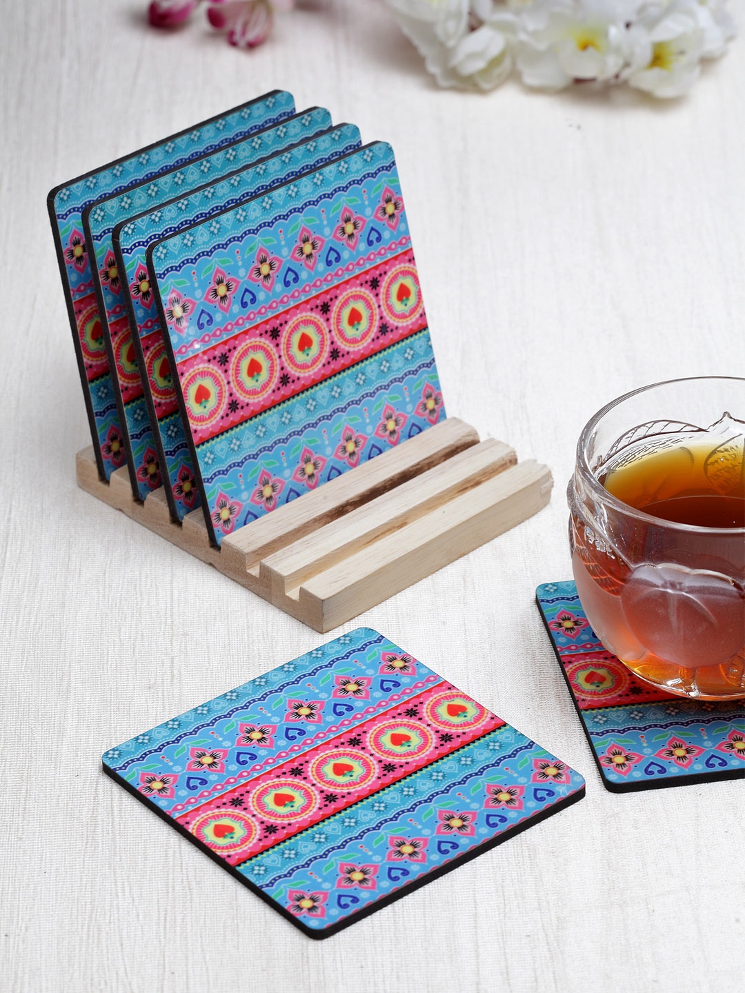 

Alina Decor Set of 6 Blue & Pink Printed Coasters With Wooden Stand