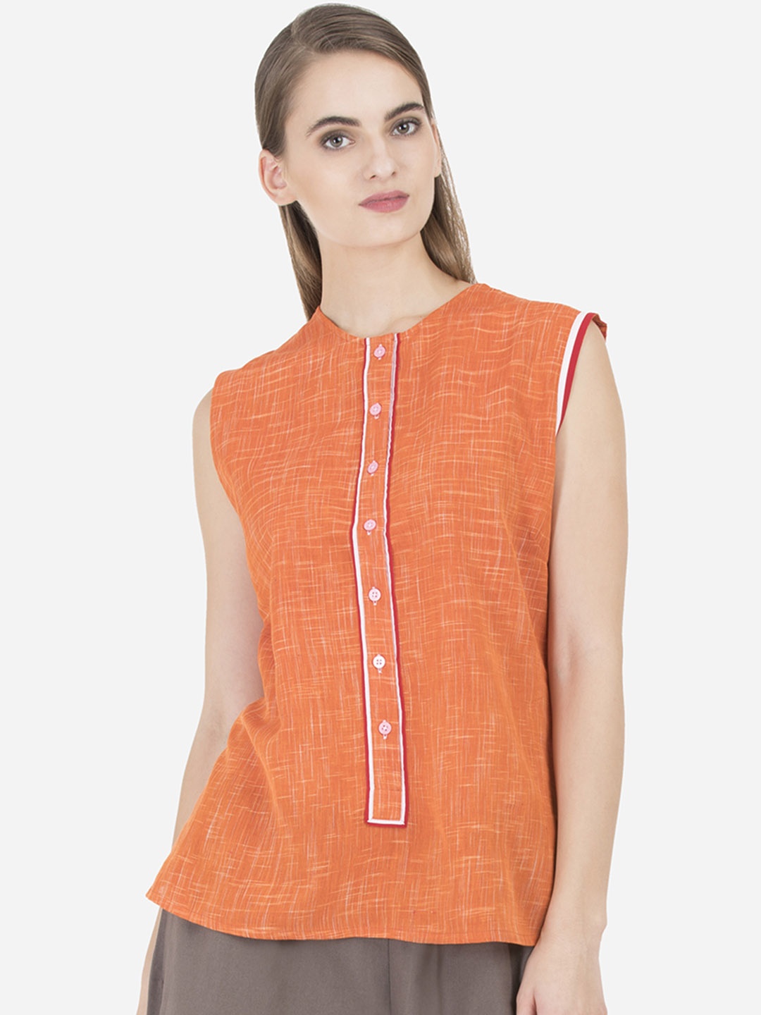 GRASS by Gitika Goyal Women Orange Printed Pure Cotton Top