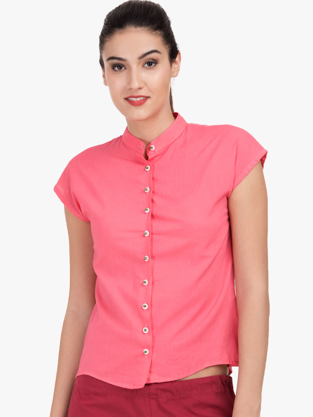 

GRASS by Gitika Goyal Women Pink Solid Shirt Style Pure Cotton Top