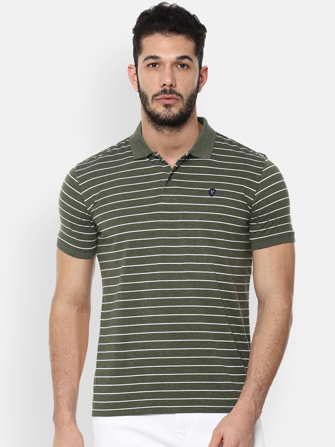 

Van Heusen Sport Men Olive Green Striped Polo Collar T-shirt