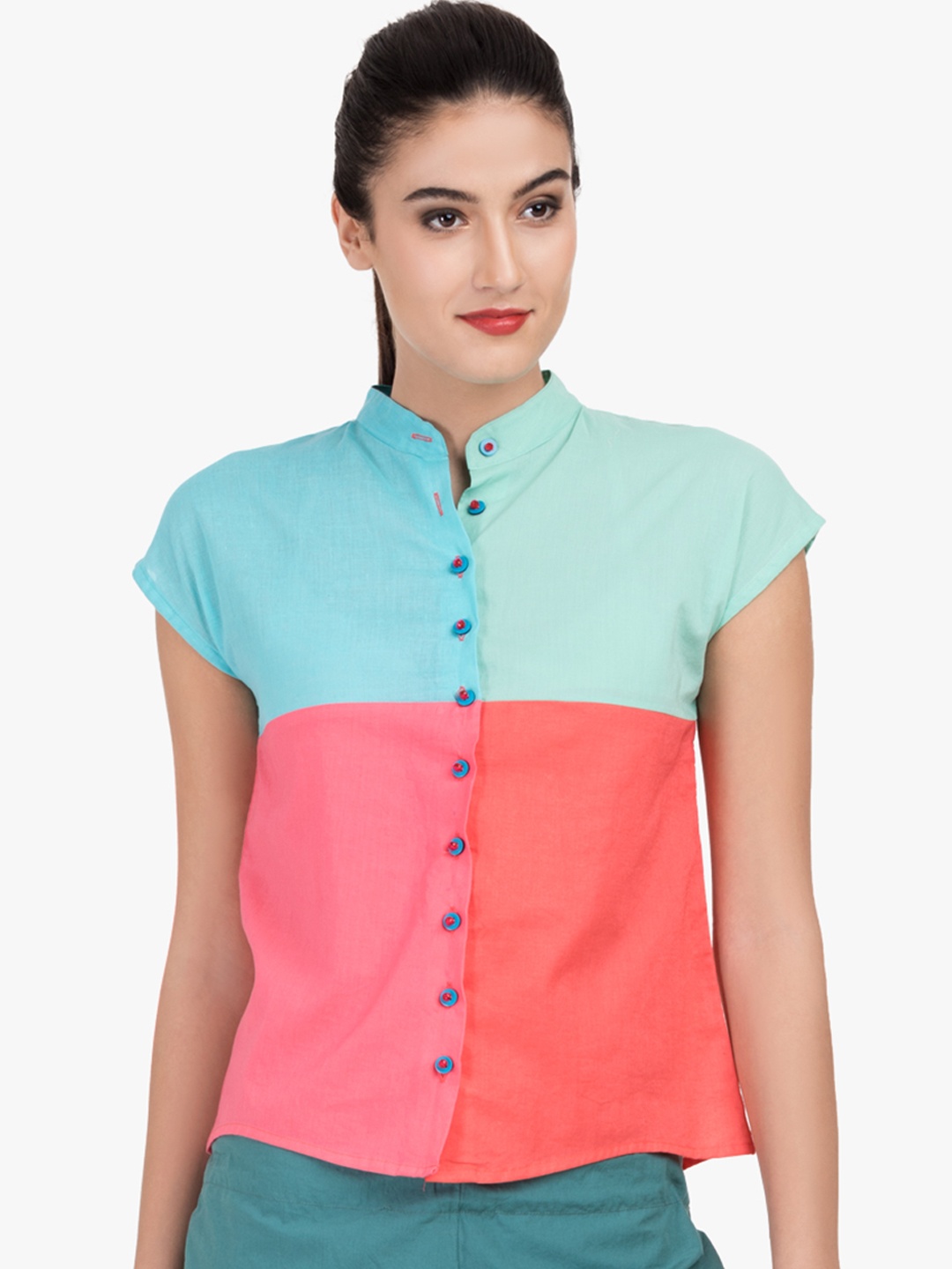 GRASS by Gitika Goyal Women Blue Colourblocked Shirt Style Pure Cotton Top