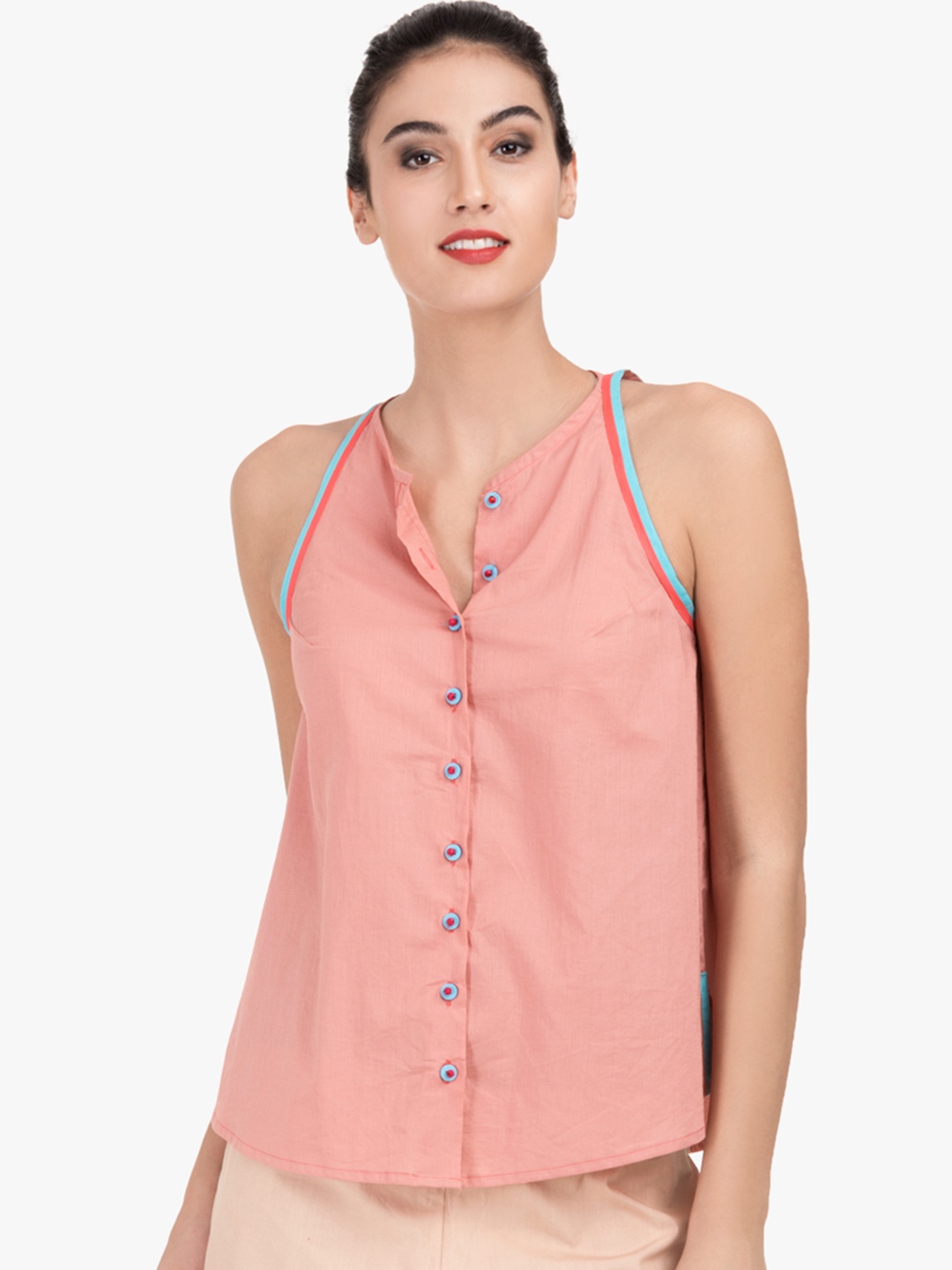 

GRASS by Gitika Goyal Women Nude-Coloured Solid Pure Cotton Top