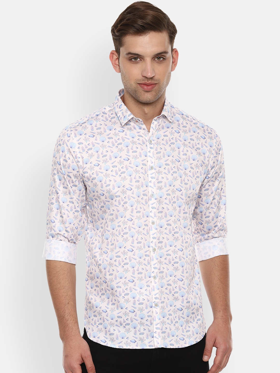 

V Dot Men Cream-Coloured & Blue Slim Fit Printed Casual Shirt