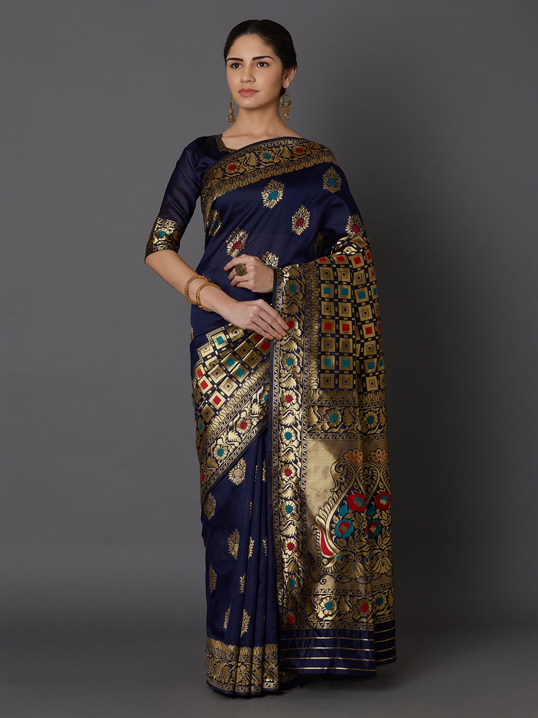 

Mitera Navy Blue & Beige Silk Blend Woven Design Kanjeevaram Saree