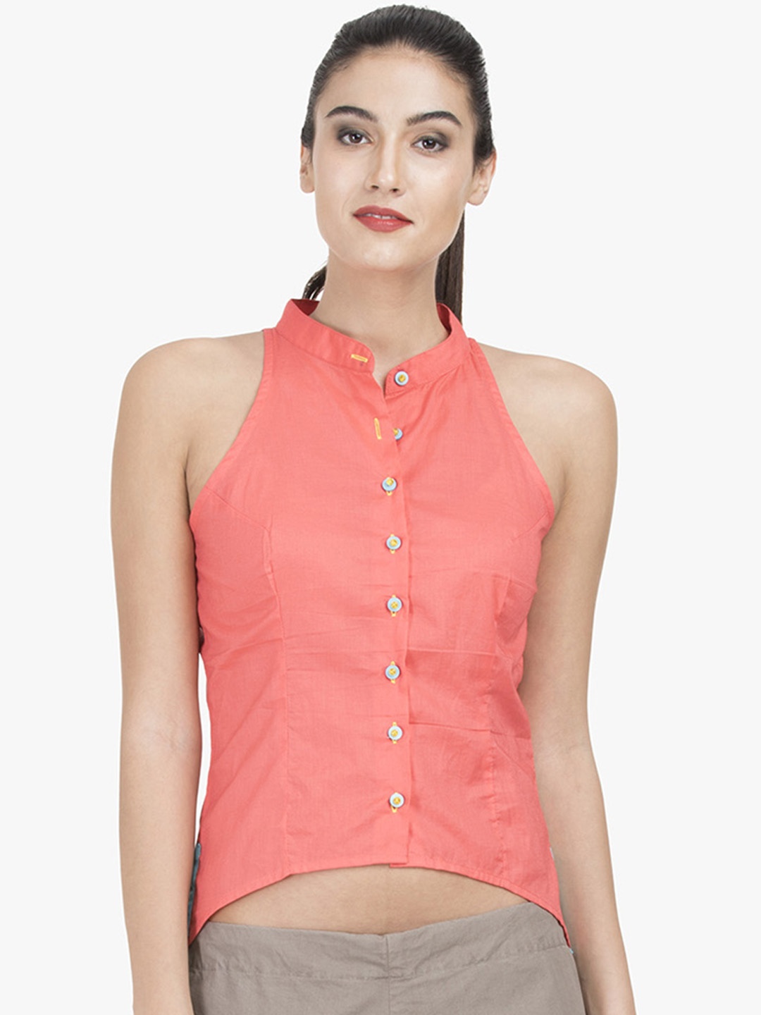 

GRASS by Gitika Goyal Women Coral Pink Solid Shirt Style Crop Pure Cotton Top