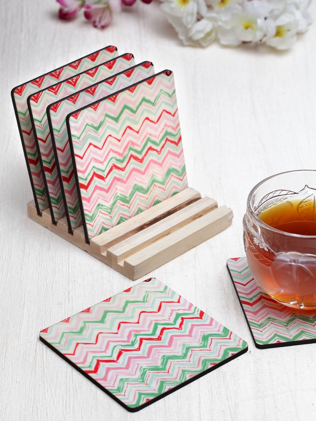 

Alina Decor Set of 6 Green & Red Printed Coasters With Wooden Stand, Off white