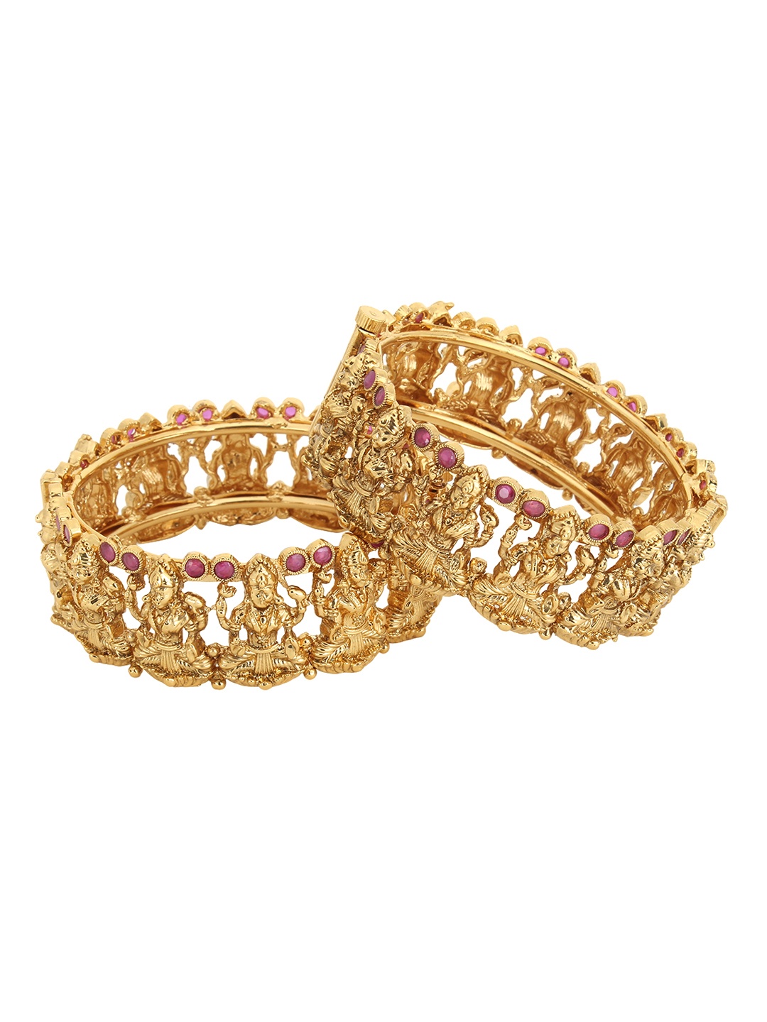 

Adwitiya Collection Set of 2 Gold-Plated Magenta Stone Studded Handcrafted Temple Bangles