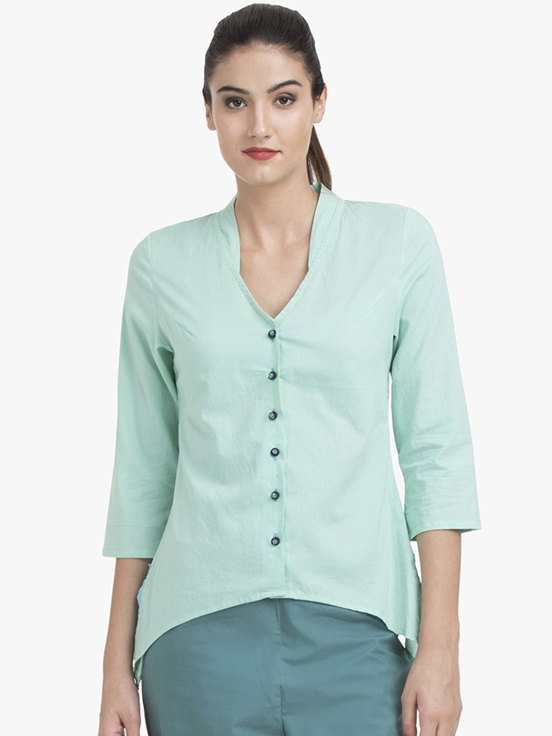 

GRASS by Gitika Goyal Women Green Slim Fit Solid Casual Shirt