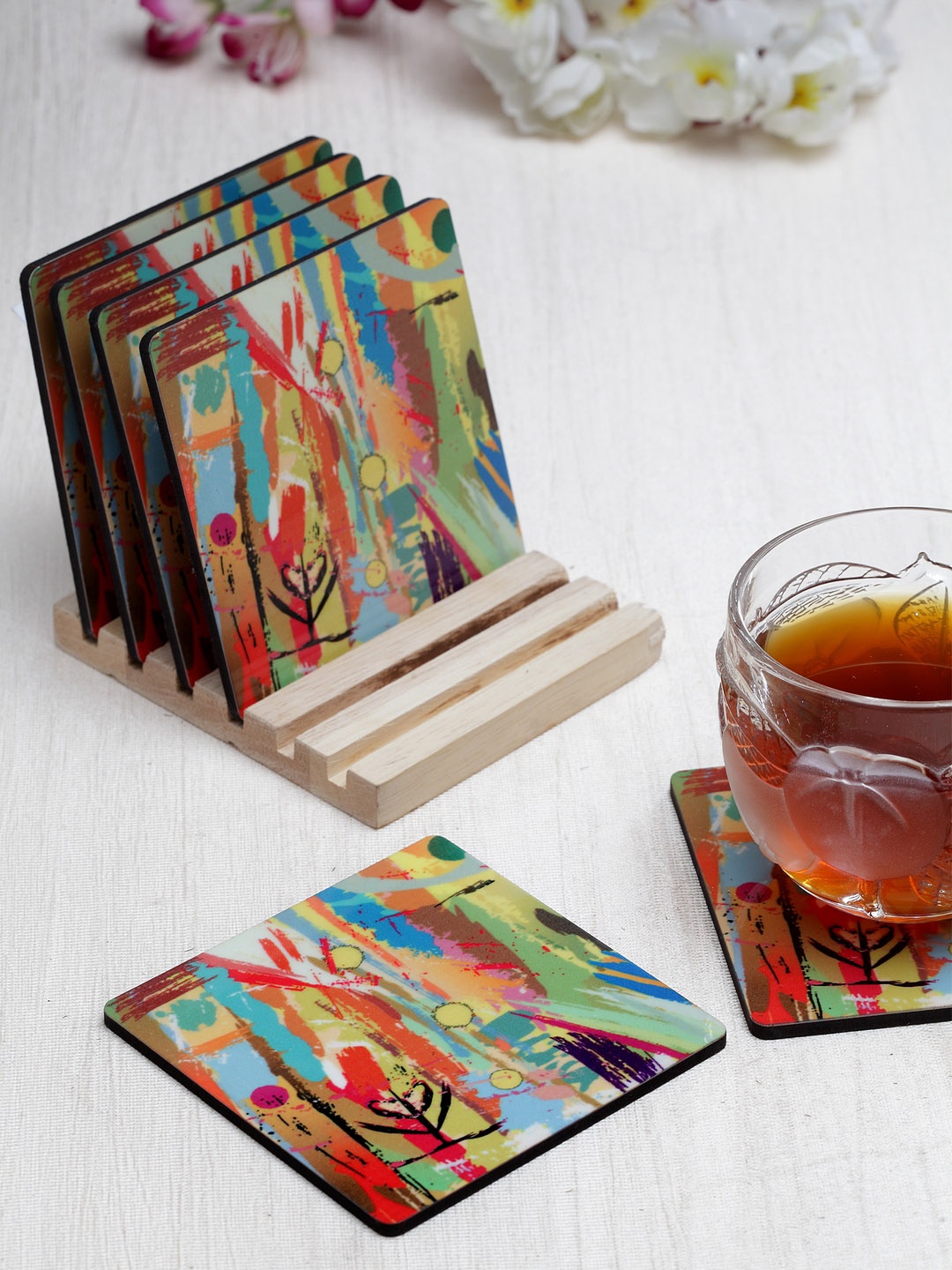 

Alina Decor Set of 6 Green & Yellow Printed Coasters With Wooden Stand