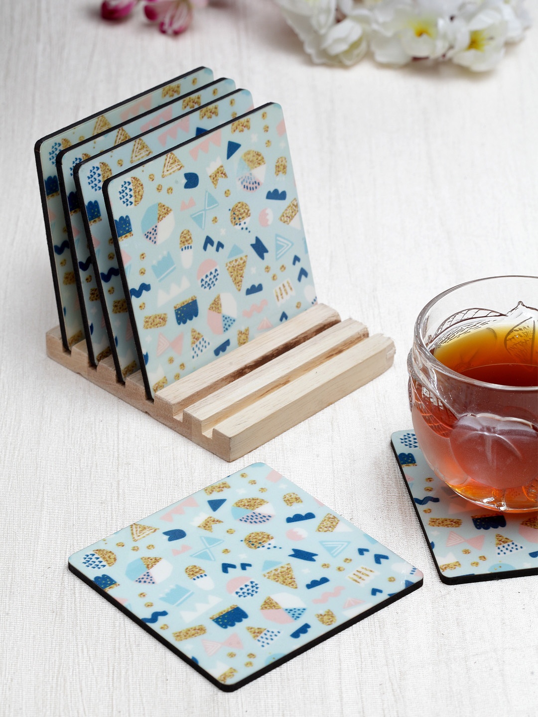 

Alina Decor Set of 6 Sea Green & Blue Printed Coasters With Wooden Stand