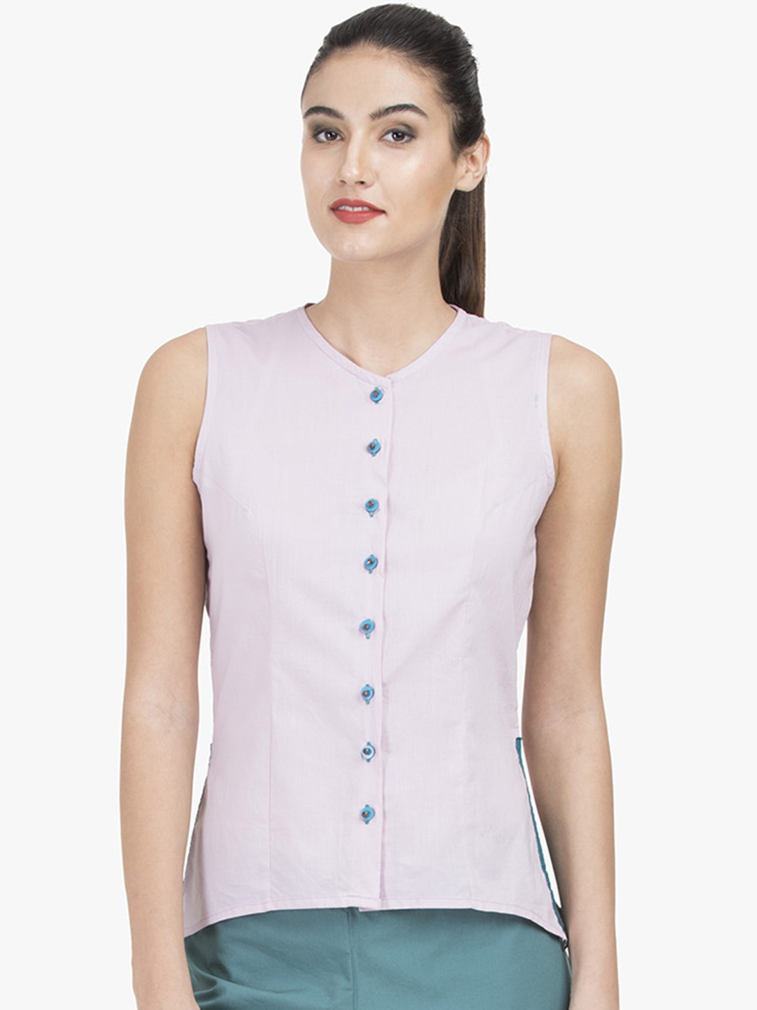 

GRASS by Gitika Goyal Women Lavender Solid Pure Cotton Top