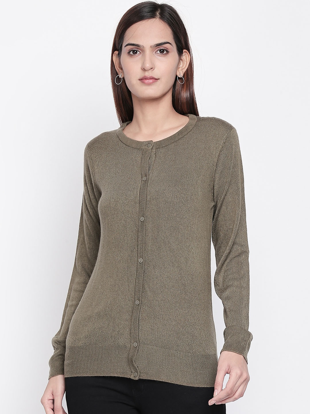 

Honey by Pantaloons Women Olive Green Solid Cardigan Sweater