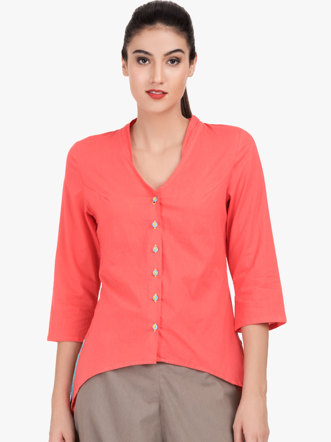 

GRASS by Gitika Goyal Women Coral Pink Slim Fit Solid Casual Shirt