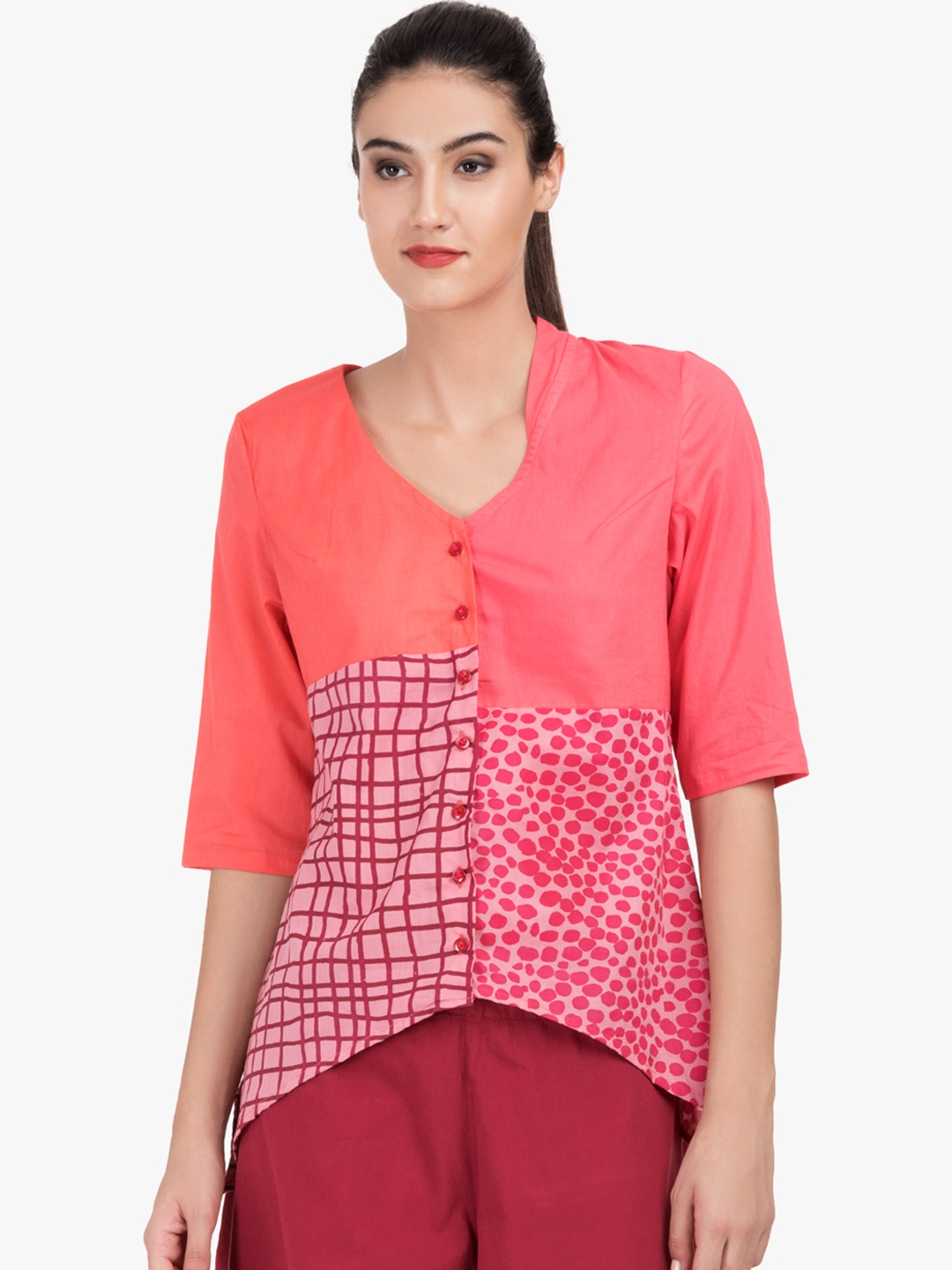 

GRASS by Gitika Goyal Women Pink Slim Fit Checked Pure Cotton Top