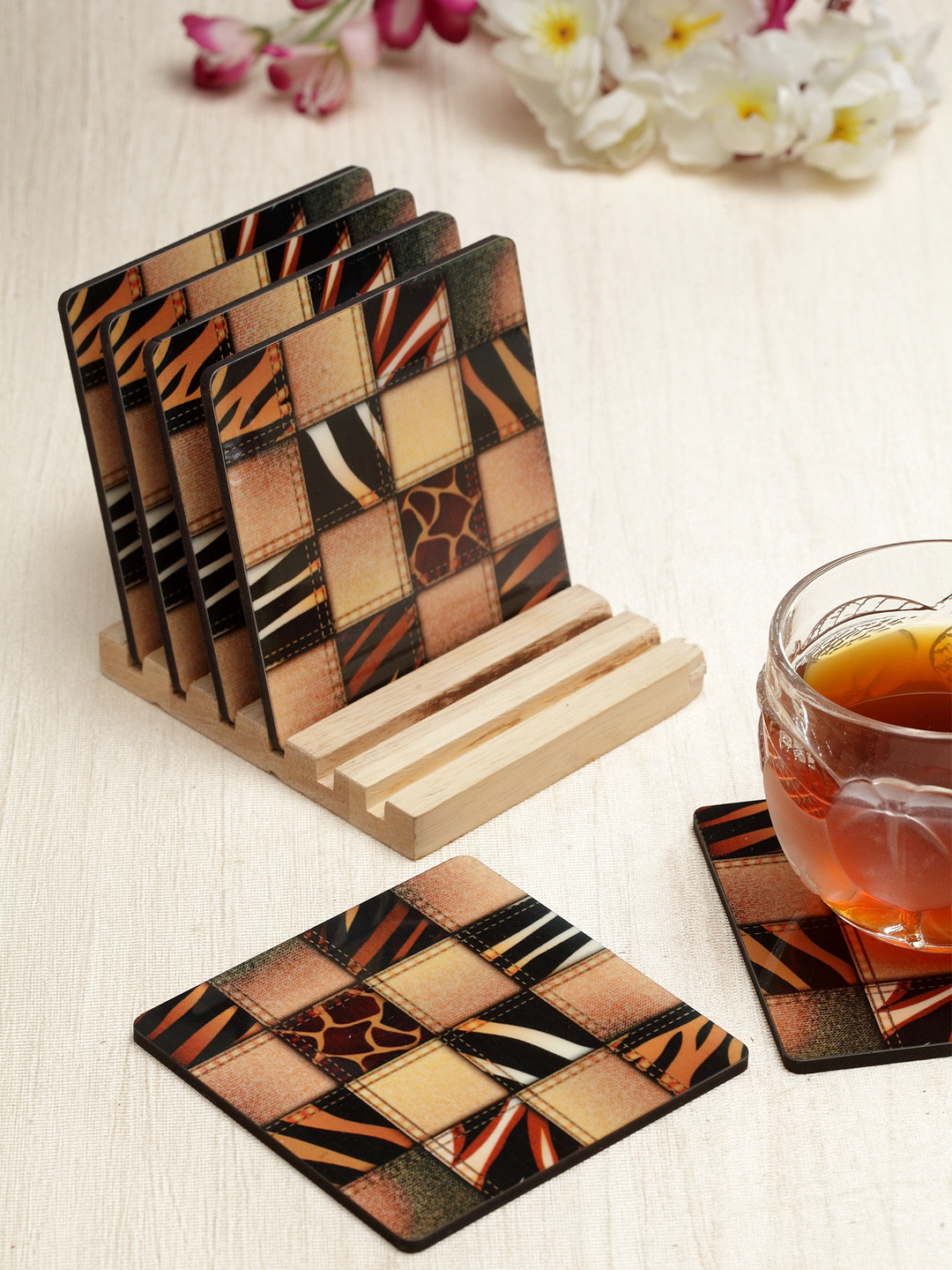 

Alina Decor Set of 6 Brown & Cream Printed Coasters With Wooden Stand, Black