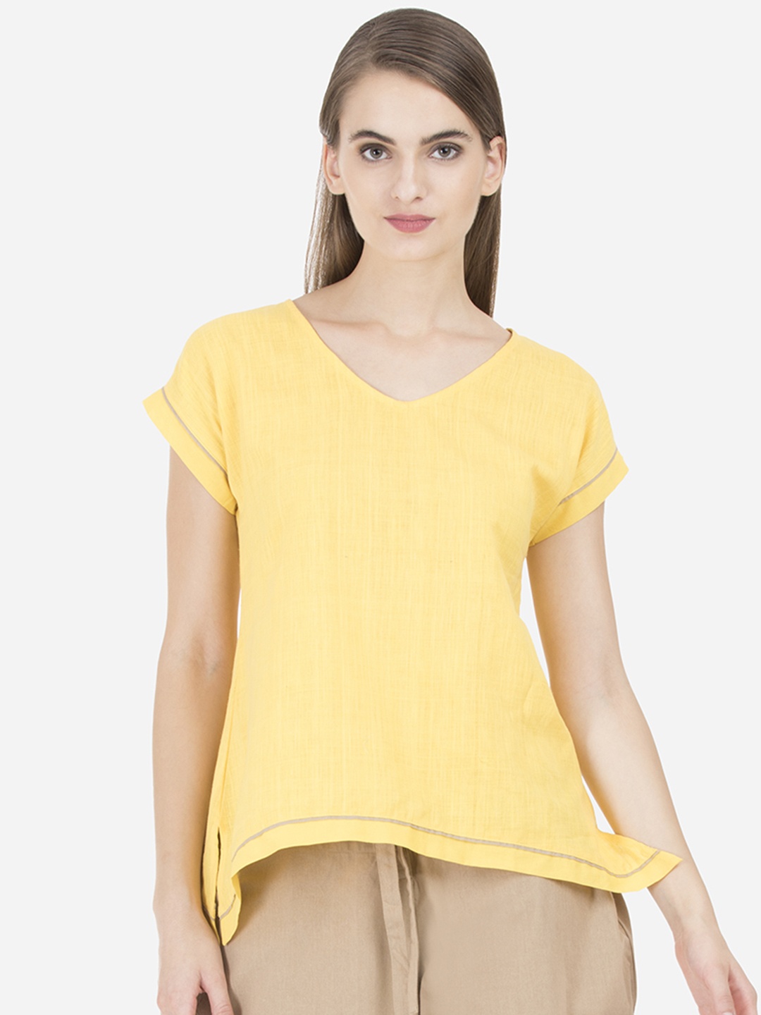 

GRASS by Gitika Goyal Women Yellow Solid Pure Cotton Top