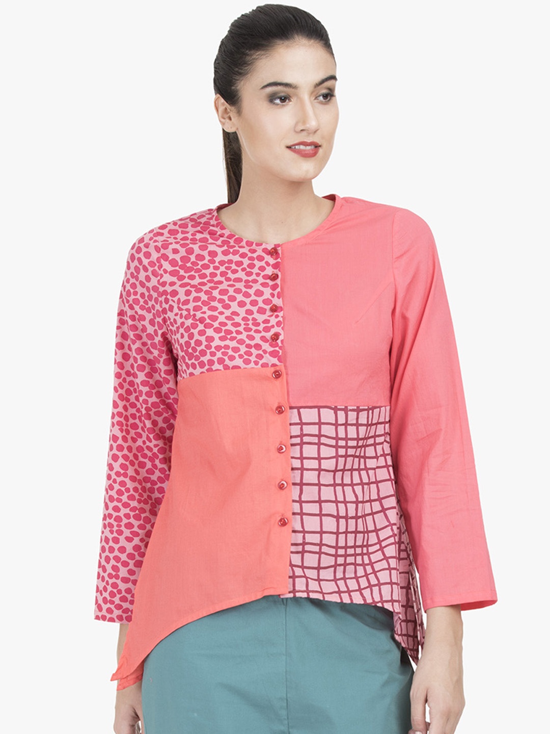

GRASS by Gitika Goyal Women Pink Printed A-Line Pure Cotton Top