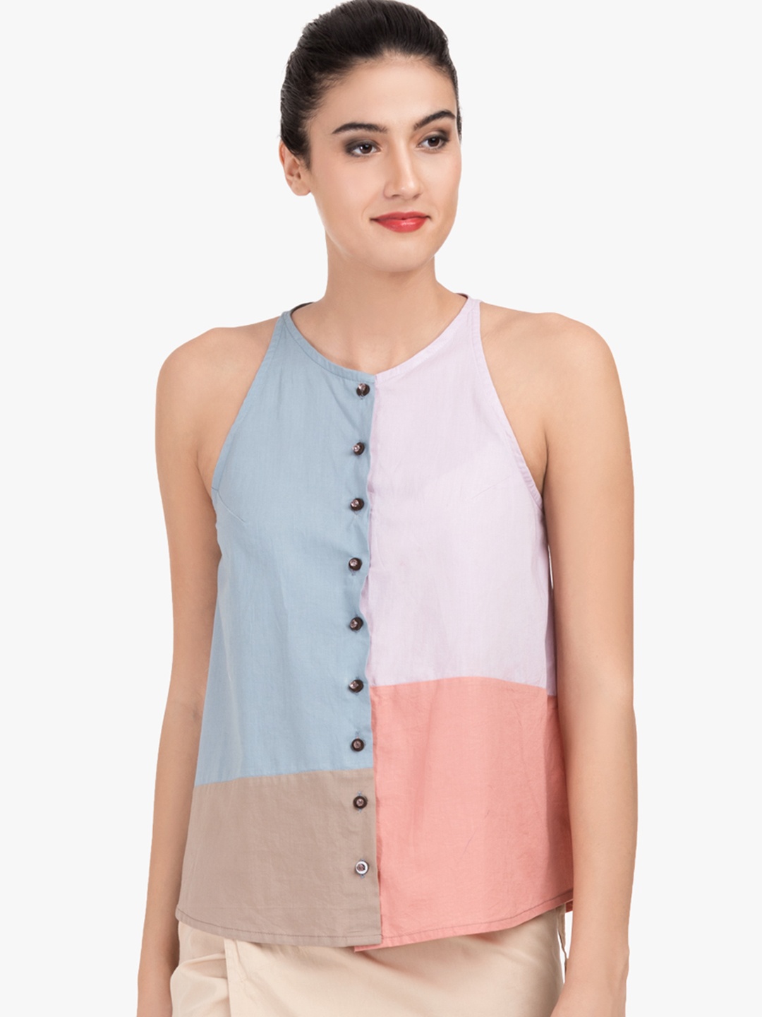 

GRASS by Gitika Goyal Women Multicoloured Colourblocked Pure Cotton Top, Multi