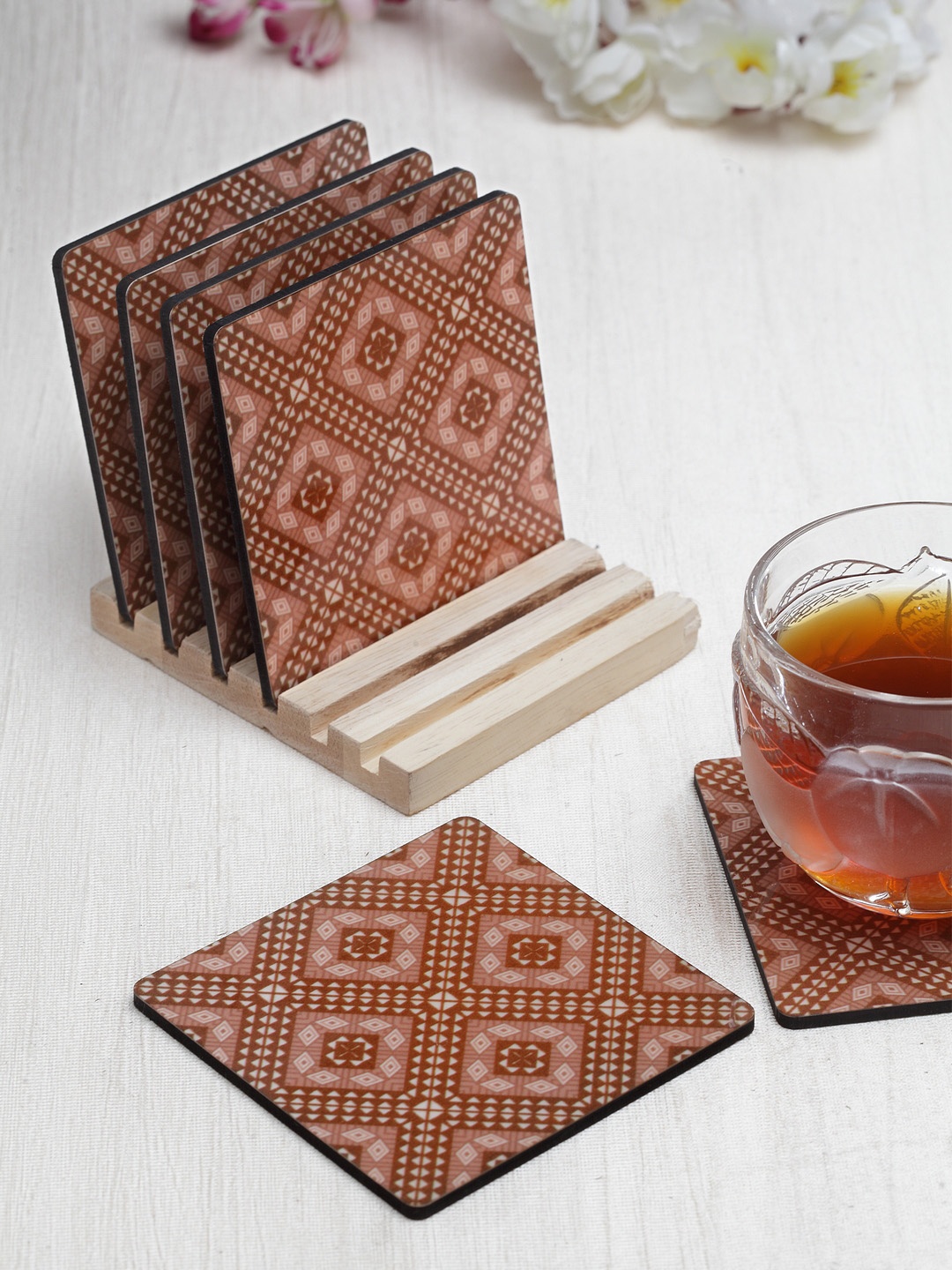 

Alina Decor Set of 6 Brown & Beige Printed Coasters With Wooden Stand