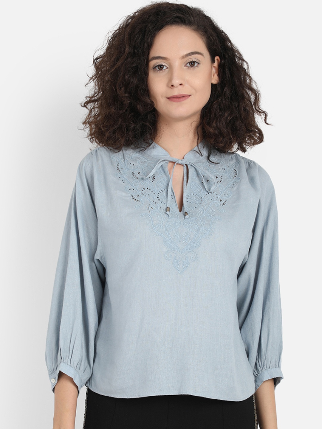 

COVER STORY Women Blue Self Design Top