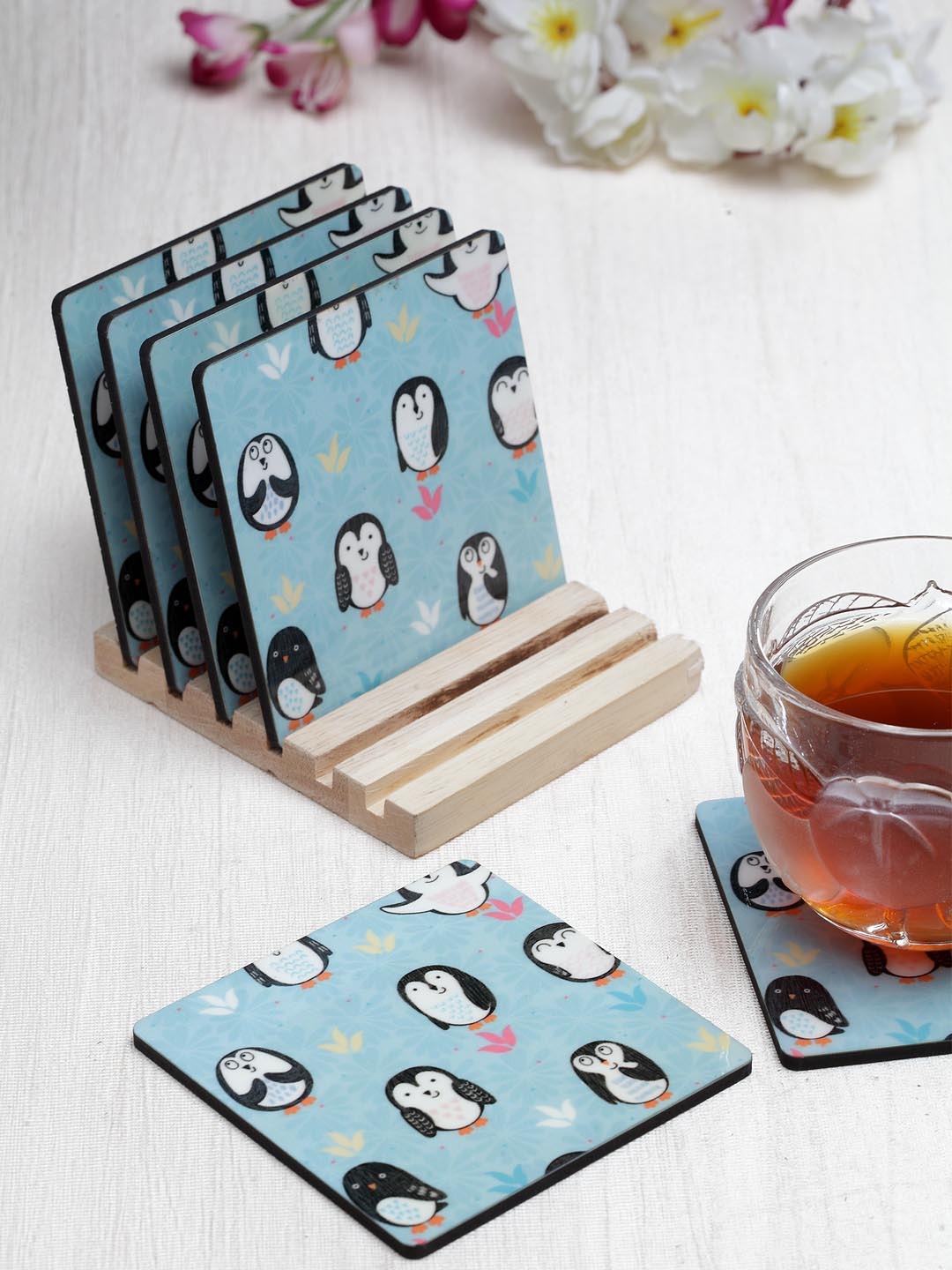 

Alina Decor Set of 6 Blue & Black Printed Coasters With Wooden Stand
