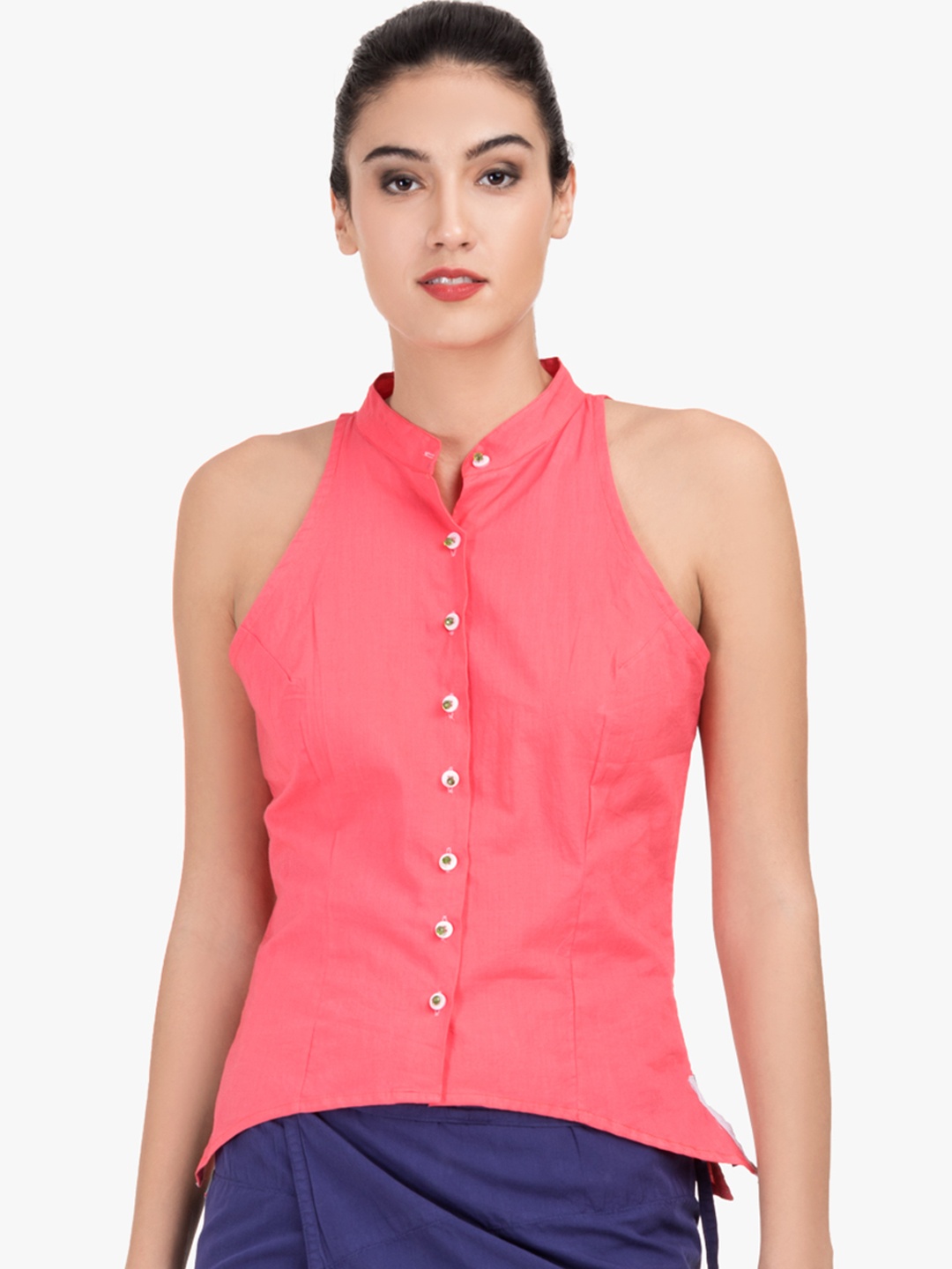 

GRASS by Gitika Goyal Women Pink Solid Shirt Style Pure Cotton Top