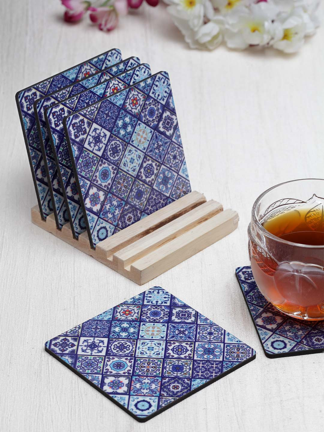 

Alina Decor Set of 6 Blue & White Printed Coasters With Wooden Stand