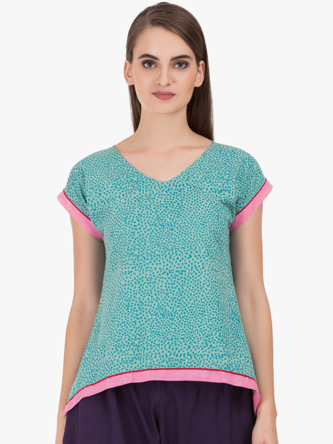 

GRASS by Gitika Goyal Women Green Printed Pure Cotton Top