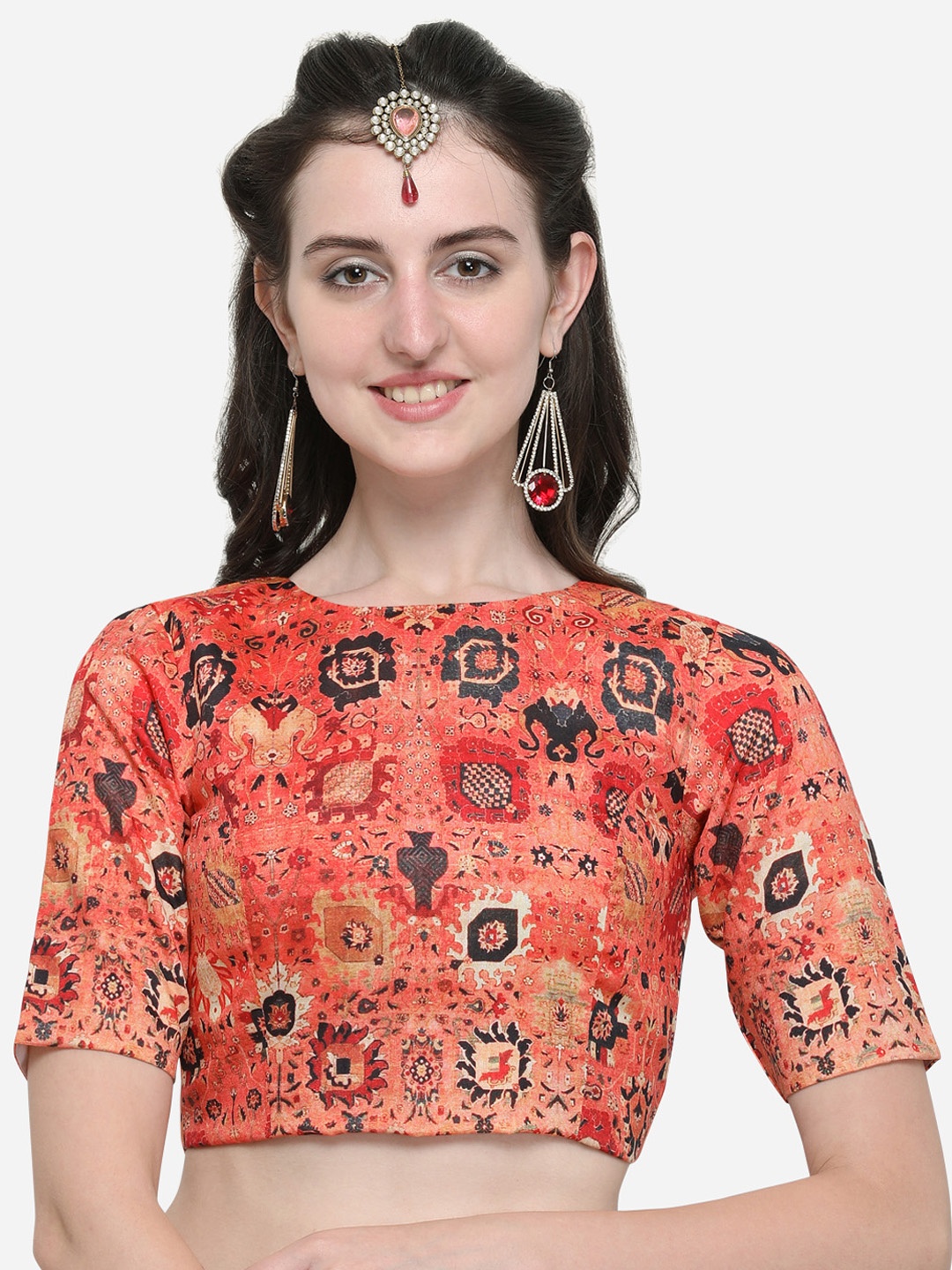 

Janasya Women Orange & Black Printed Saree Blouse