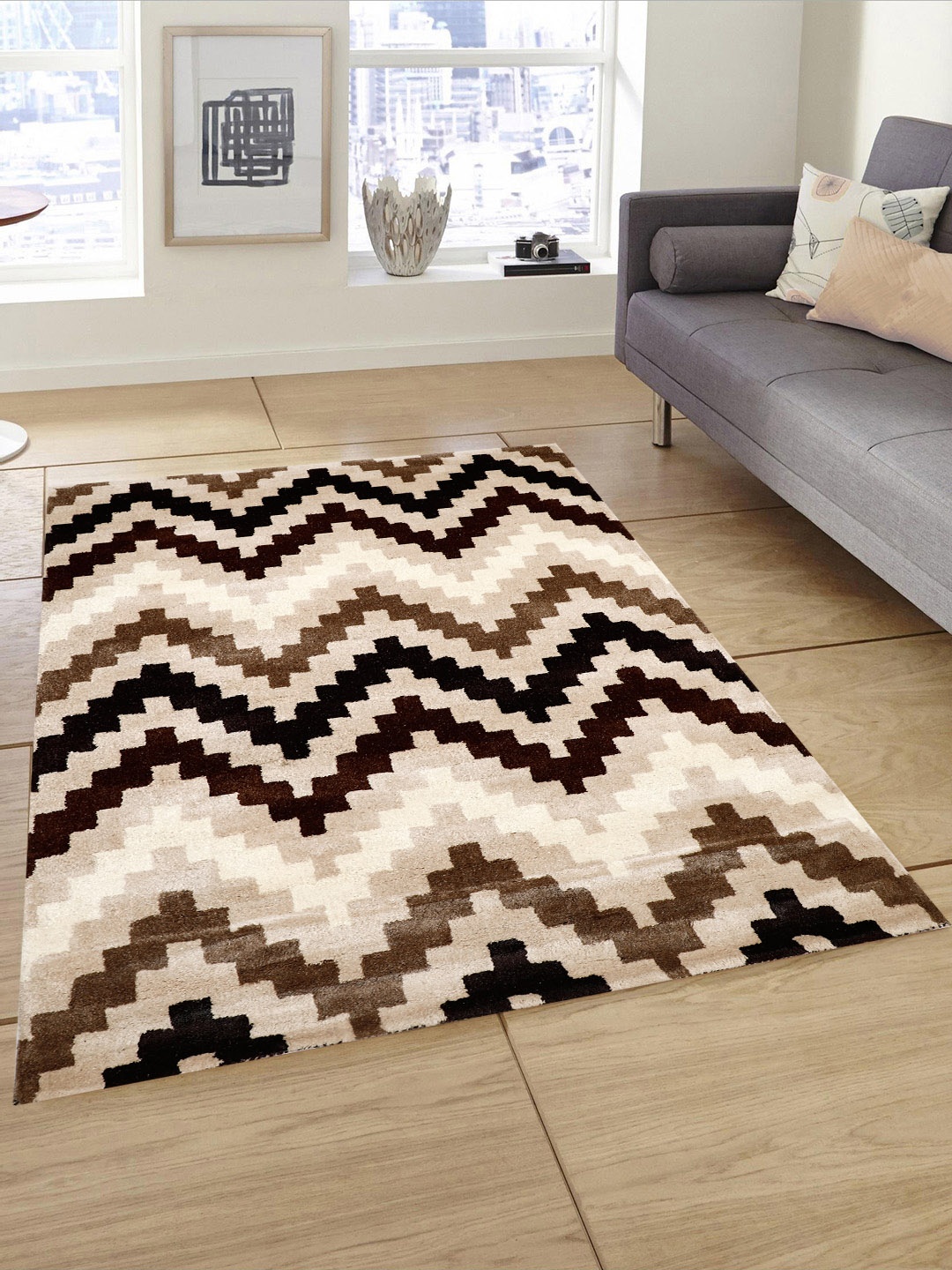 

PRESTO Brown & Beige Printed Hand Tufted Wool Anti-Skid Carpet