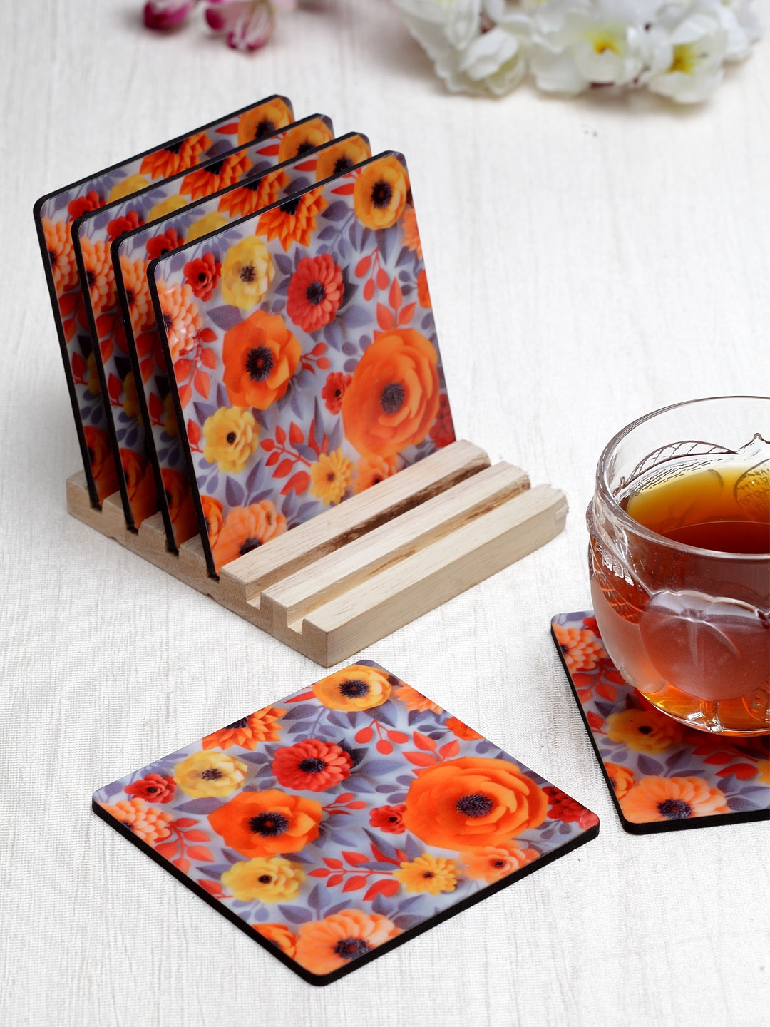 

Alina Decor Set of 6 Orange & Grey Floral-Printed Coasters With Wooden Stand