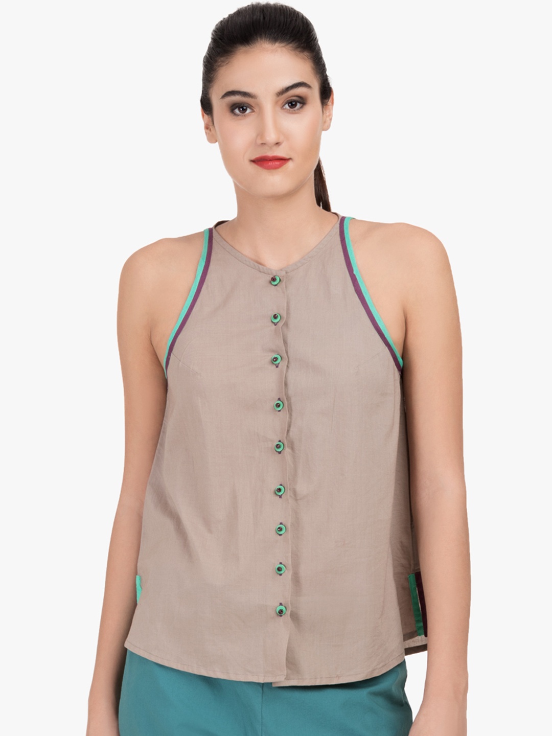 

GRASS by Gitika Goyal Women Khaki Solid A-Line Pure Cotton Top