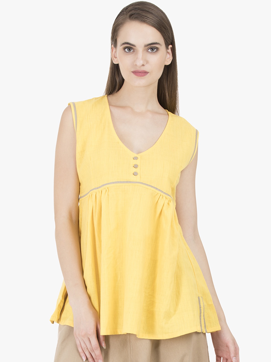 

GRASS by Gitika Goyal Women Yellow Solid Khadi Tunic