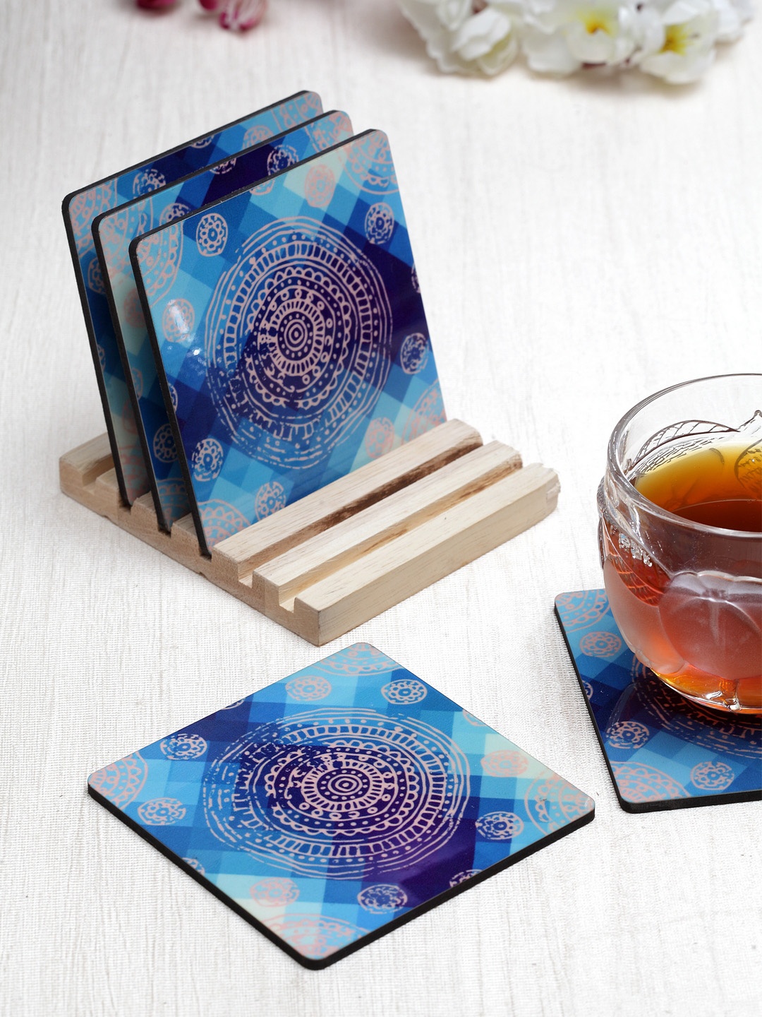 

Alina Decor Set of 6 Blue & Pink Printed Coasters With Wooden Stand