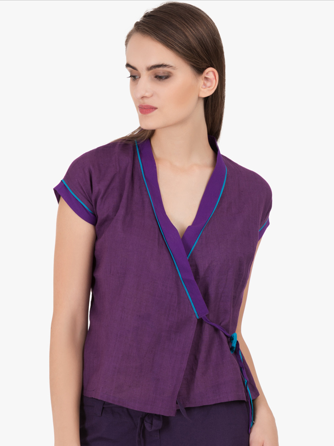 

GRASS by Gitika Goyal Women Purple Solid Wrap Pure Cotton Top