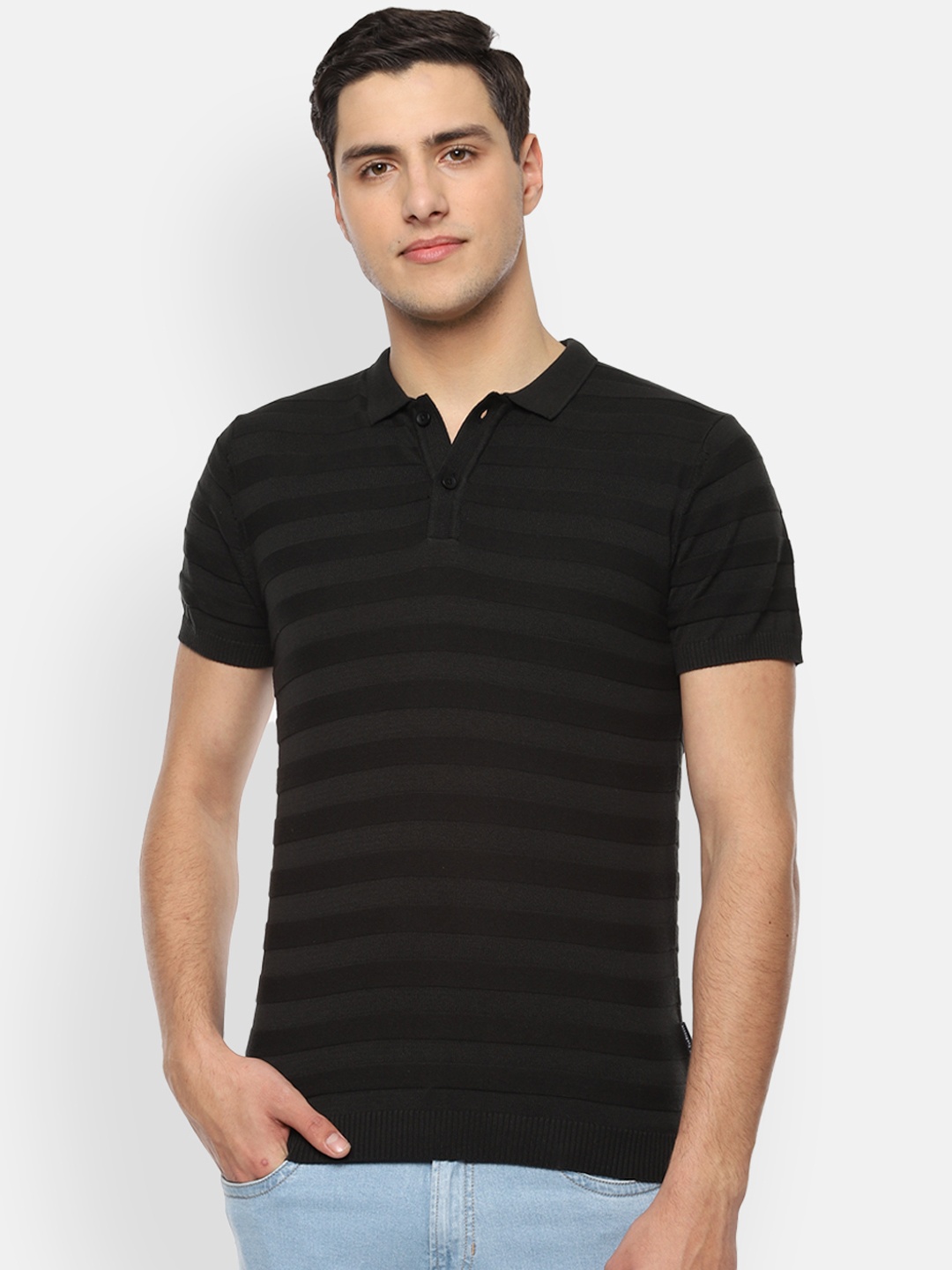 

V Dot Men Black Self Design Polo Collar T-shirt